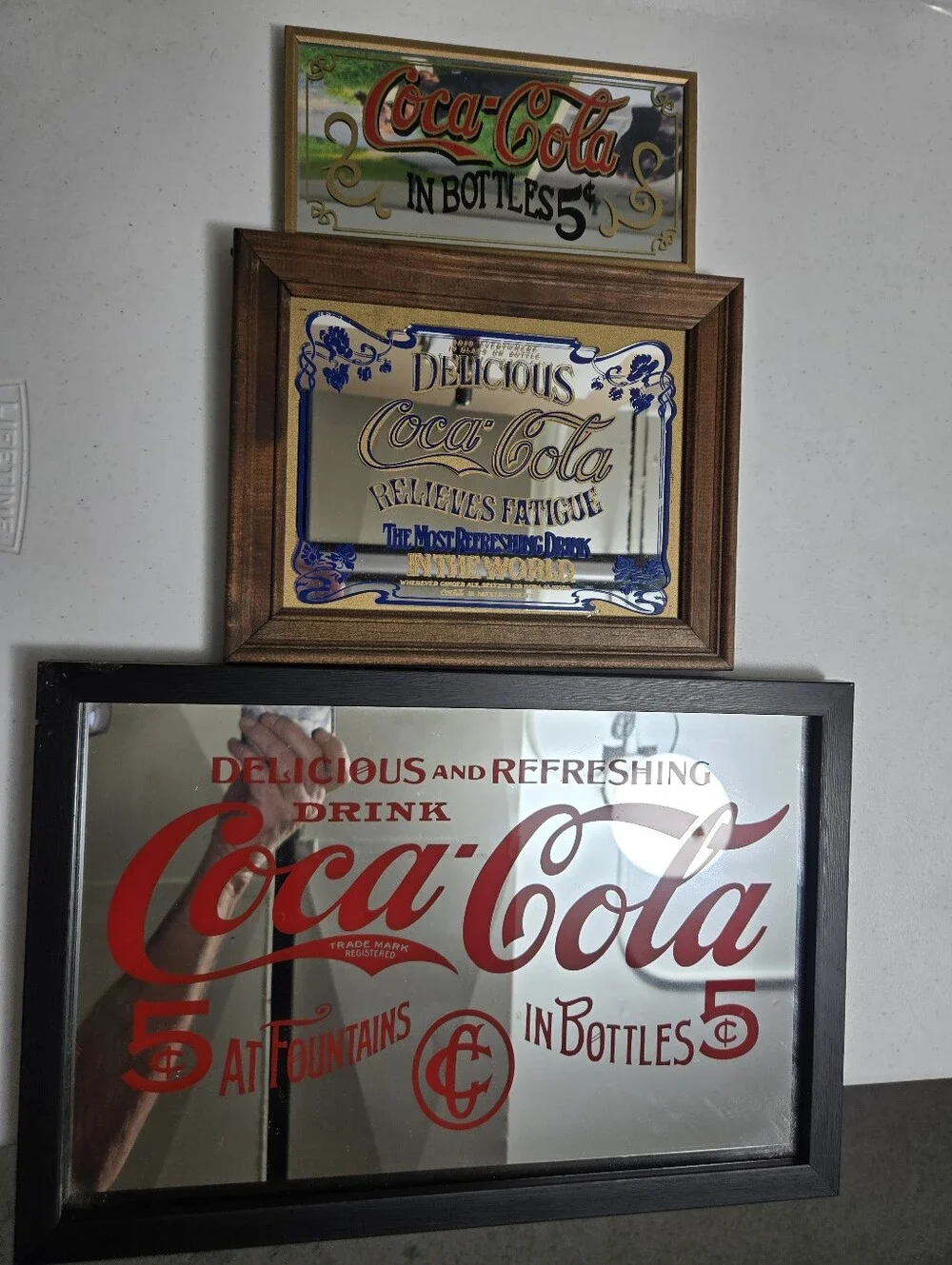 3 Vintage Coke Mirrors. 1 Red Lettering. 1 Blue Lettering. 1 Red & Black Nice.
